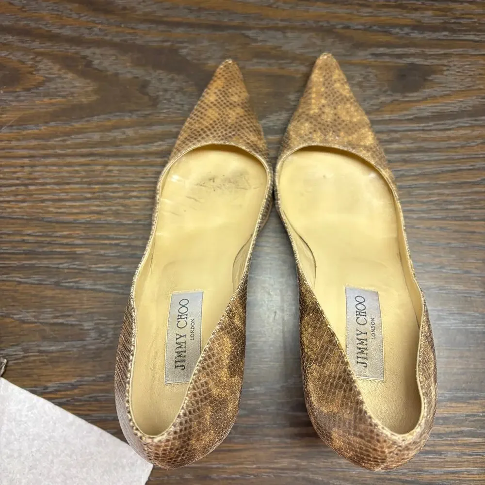 Jimmy Choo Snakeskin Leather Pumps Heels 39 8.5 Brown Pointed Toe Python Italy